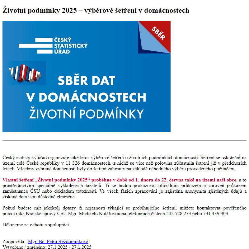 Odběr novinek ze dne 28.1.2025 - dokument Životní podmínky 2025 – výběrové šetření v domácnostech