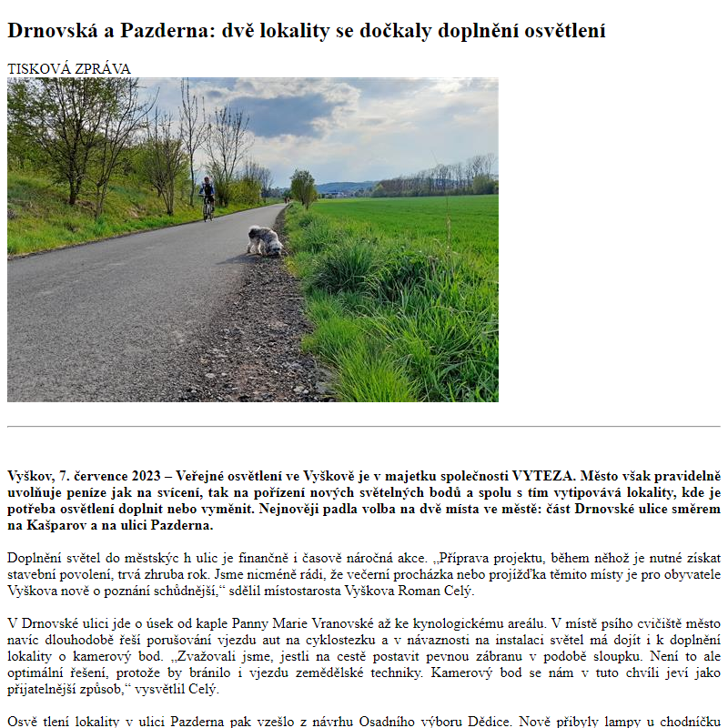 Odběr novinek ze dne 8.7.2023 - dokument Drnovská a Pazderna: dvě lokality se dočkaly doplnění osvětlení