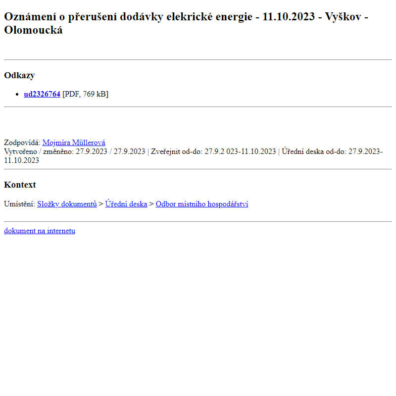 Odběr novinek ze dne 28.9.2023 - dokument Oznámení o přerušení dodávky elekrické energie - 11.10.2023 - Vyškov - Olomoucká