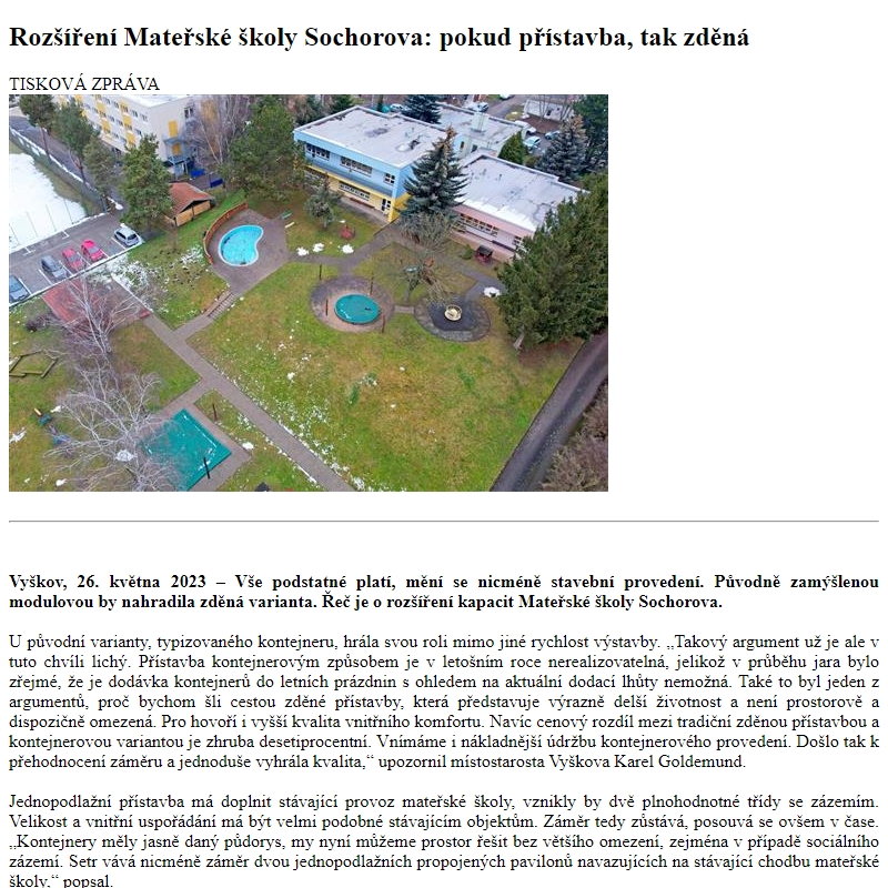 Odběr novinek ze dne 27.5.2023 - dokument Rozšíření Mateřské školy Sochorova: pokud přístavba, tak zděná