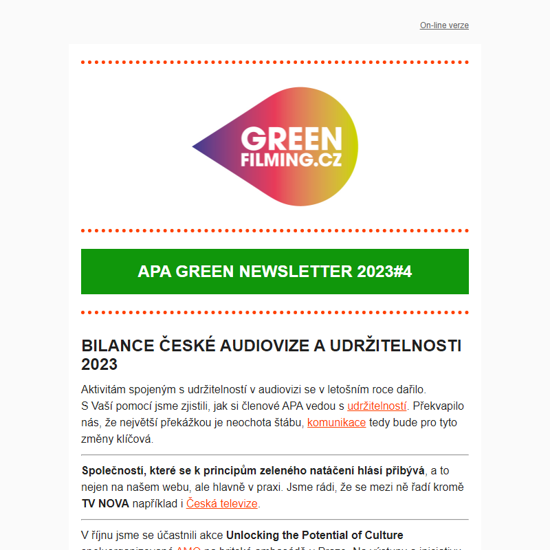 APA GREEN NEWSLETTER 2023#04 - Bilance české audiovize a udržitelnosti 2023
