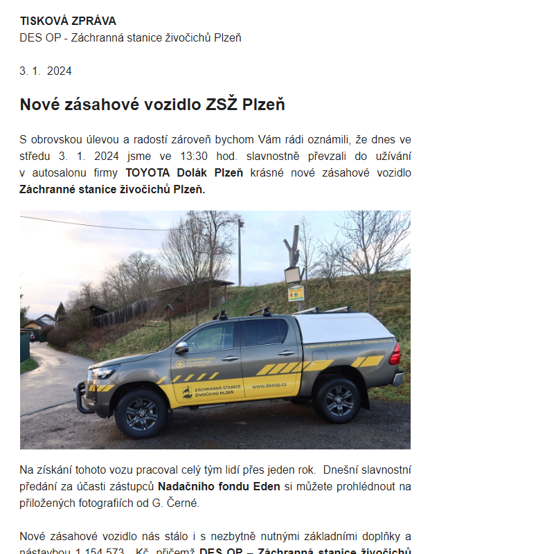 DES OP - 2024 - 01 - Nové zásahové vozidlo ZSŽ Plzeň