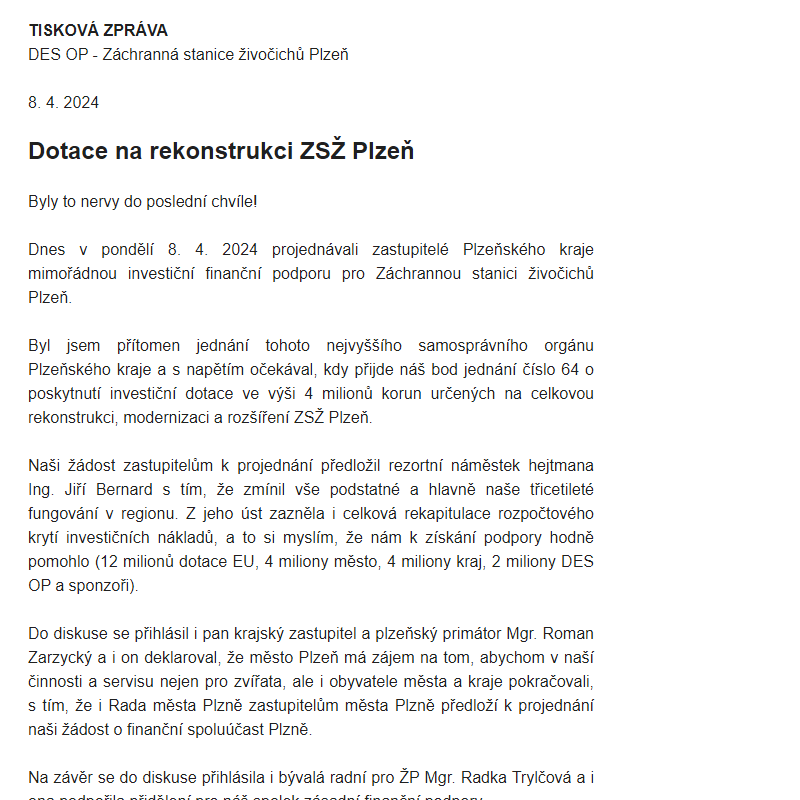 DES OP - 2024 - Dotace na rekonstrukci ZSŽ Plzeň
