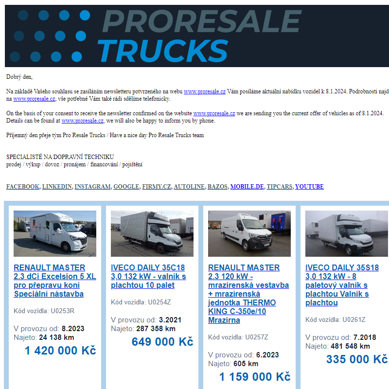 Newsletter - aktuální nabídka vozidel k 8.1.2024