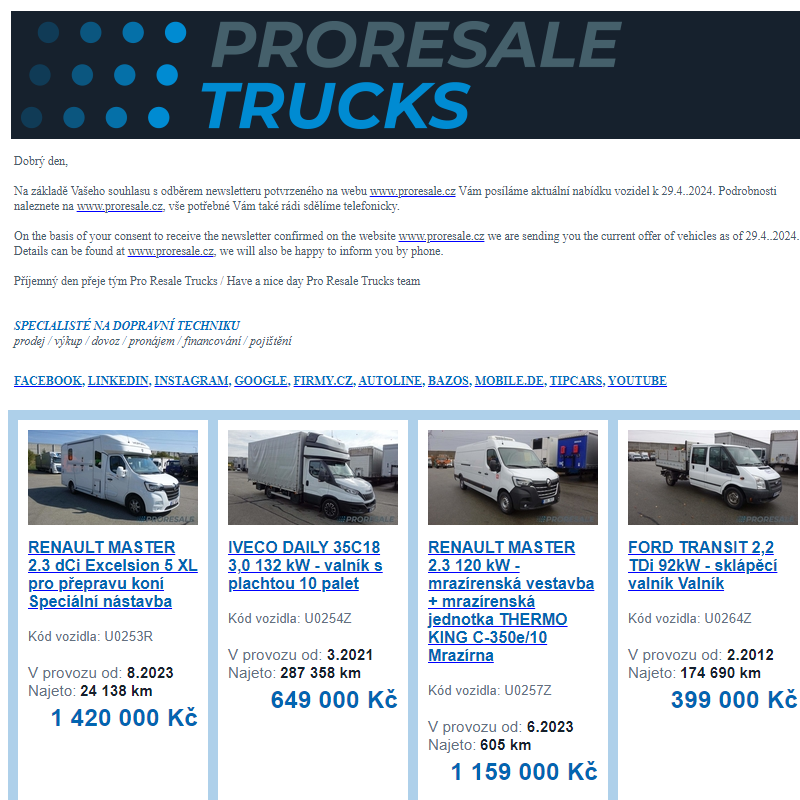 Newsletter - aktuální nabídka vozidel k 29.04.2024