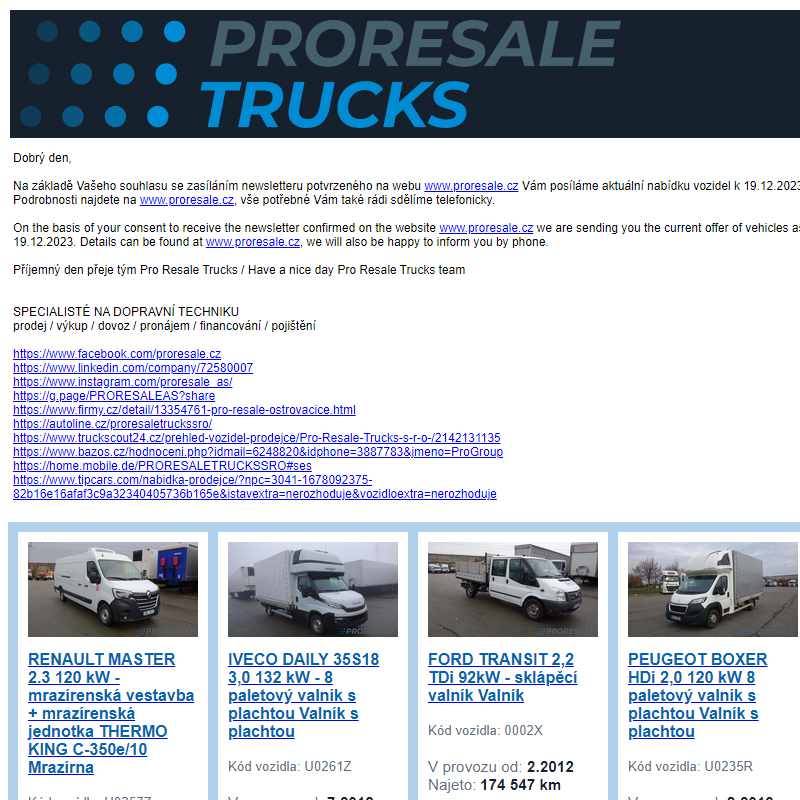 Newsletter - aktuální nabídka vozidel k 19.12.2023