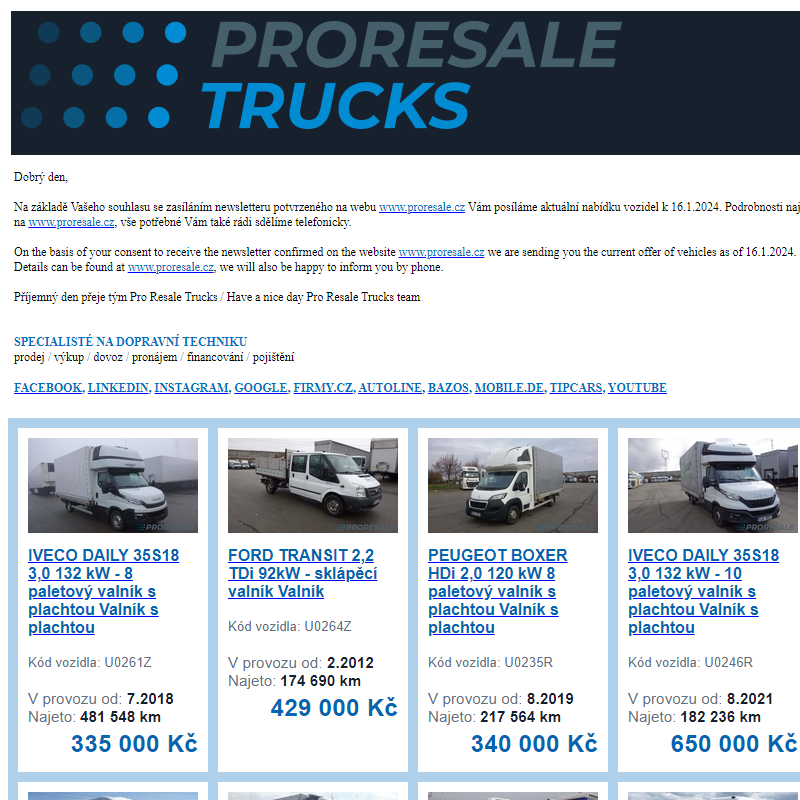 Newsletter - aktuální nabídka vozidel k 16.1.2024