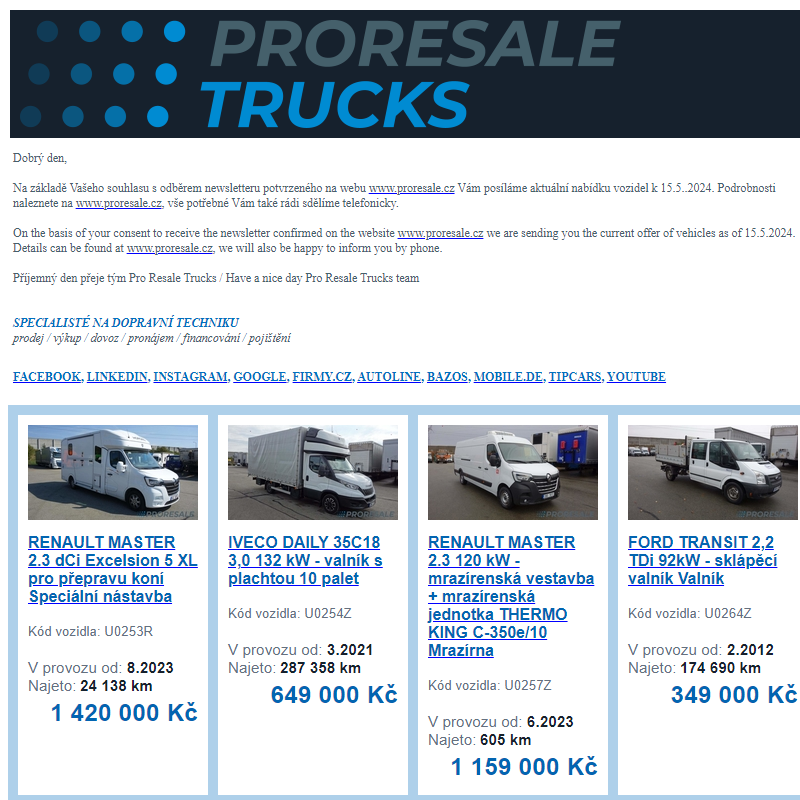 Newsletter - aktuální nabídka vozidel k 15.05.2024