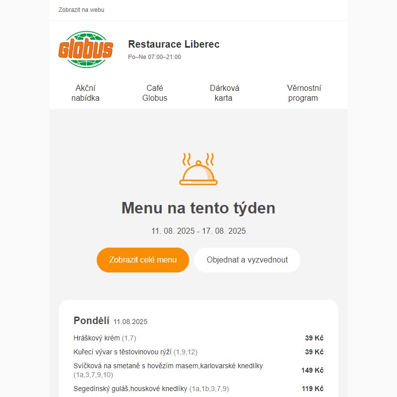 Jídelní lístek Globus - Liberec