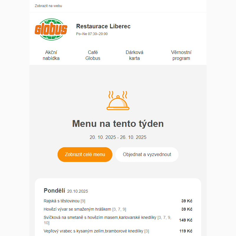 Jídelní lístek Globus - Liberec