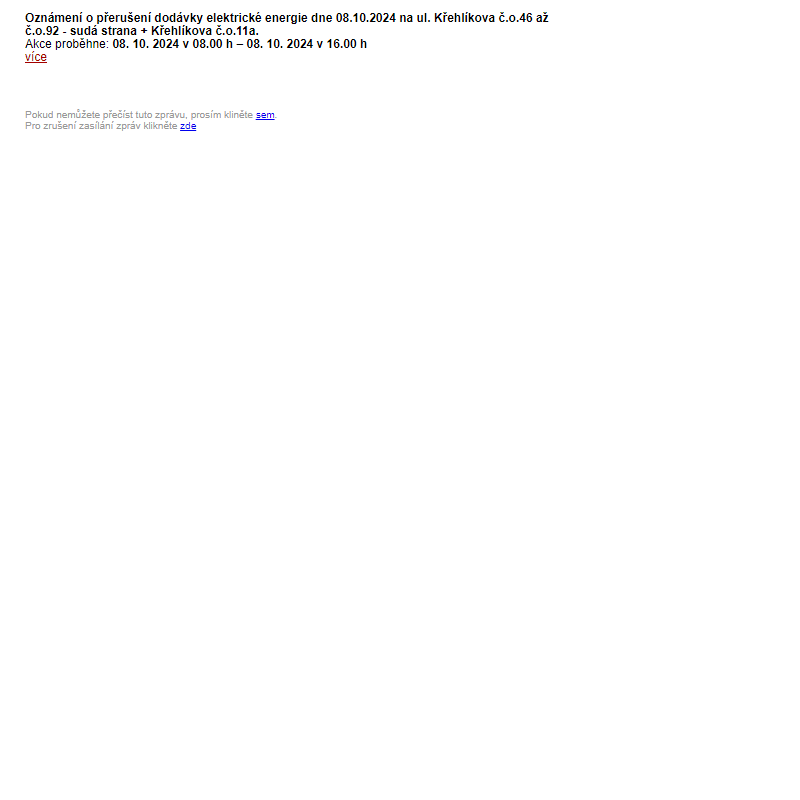 Aktuality a kalendář akcí - Oznámení o přerušení dodávky elektrické energie dne 08.10.2024 na ul.  Křehlíkova č.o.46 až č.o.92 - sudá strana + Křehlíkova č.o.11a.