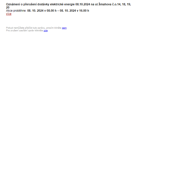 Aktuality a kalendář akcí - Oznámení o přerušení dodávky elektrické energie 08.10.2024 na ul.Šmahova č.o.14, 18, 19, 20