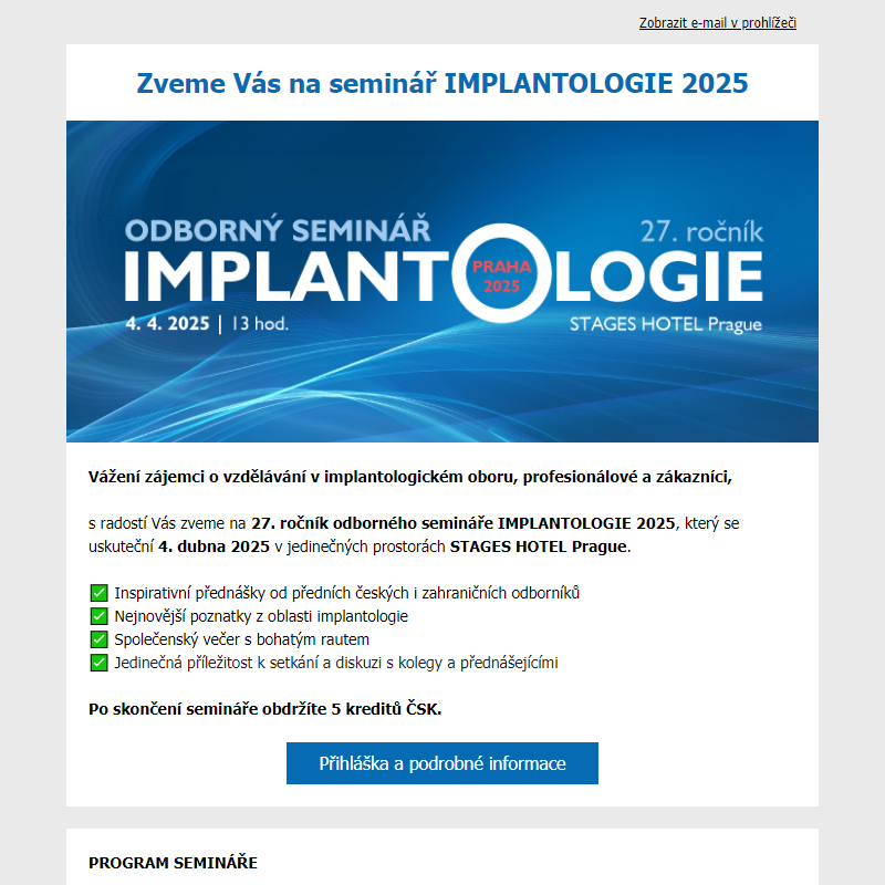 Pozvánka: 27. Seminář IMPLANTOLOGIE 2025