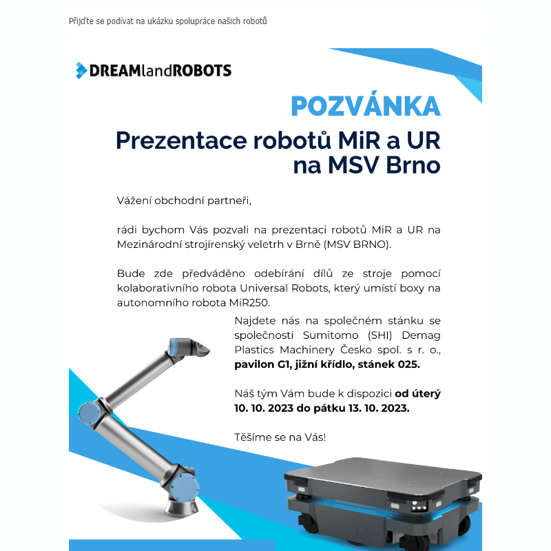 Pozvánka na naší  prezentaci robotů na MSV Brno