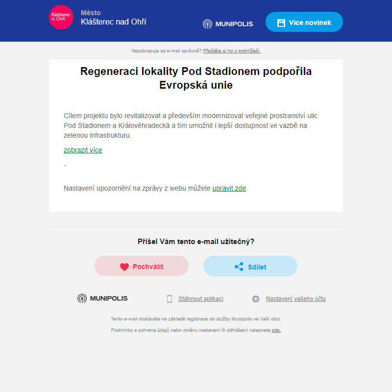 Regeneraci lokality Pod Stadionem podpořila Evropská unie