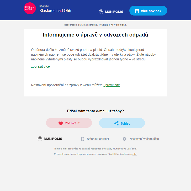 Informujeme o úpravě v odvozech odpadů