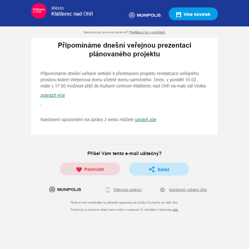 Připomínáme dnešní veřejnou prezentaci plánovaného projektu