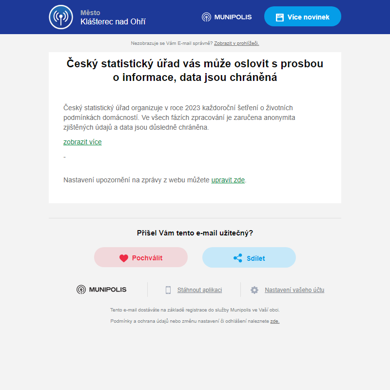 Český statistický úřad vás může oslovit s prosbou o informace, data jsou chráněná