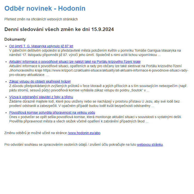 Odběr novinek ze dne 15.9.2024