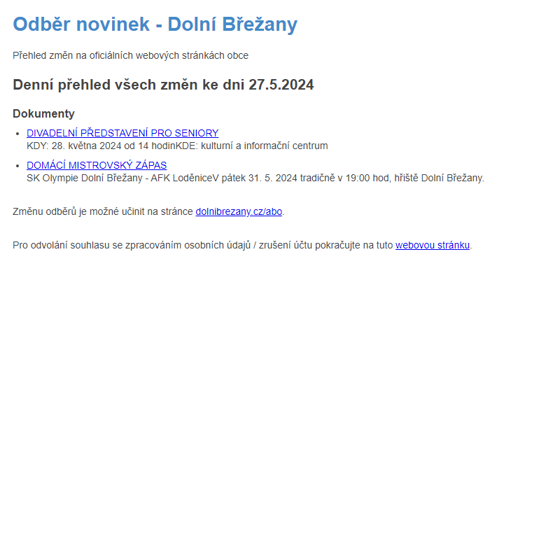 Odběr novinek z předešlého dne