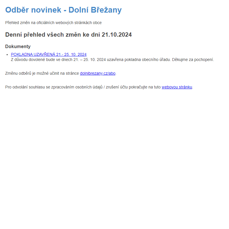 Odběr novinek z předešlého dne