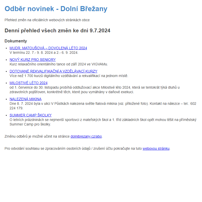 Odběr novinek z předešlého dne