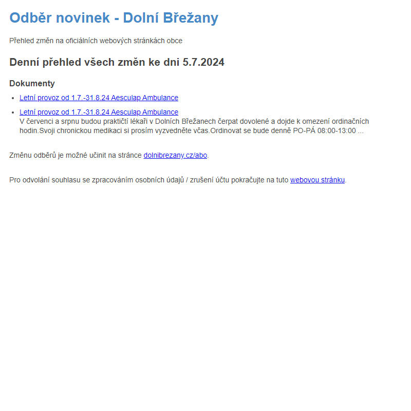 Odběr novinek z předešlého dne