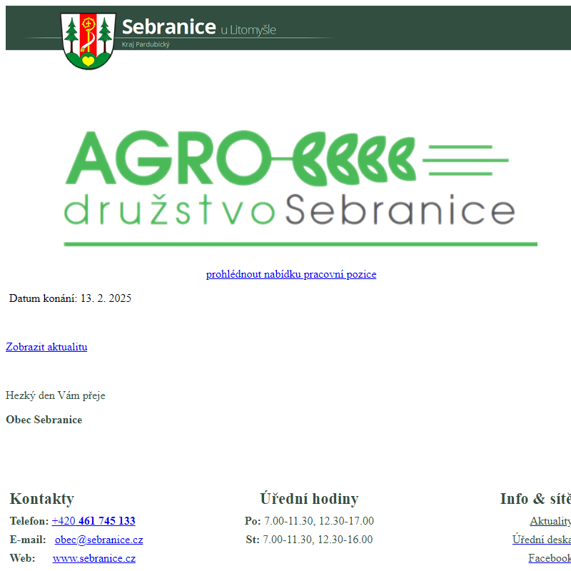 AGRO DRUŽSTVO SEBRANICE NABÍZÍ PRACOVNÍ POZICI