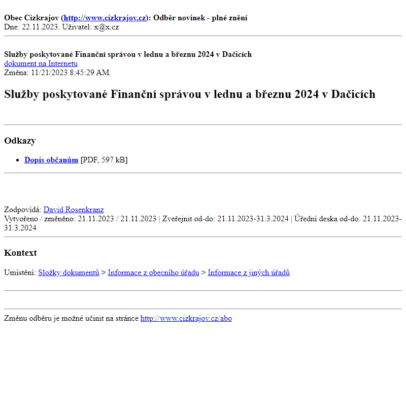 Odběr novinek ze dne 22.11.2023 - dokument Služby poskytované Finanční správou v lednu a březnu 2024 v Dačicích