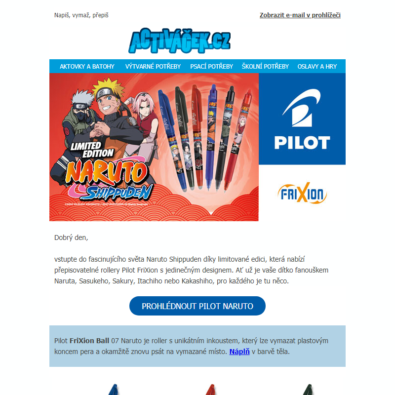 Limitovaná edice Pilot FriXion s designem Naruto! _