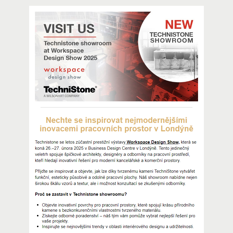 Navštivte showroom Technistone na Workspace Design Show 2025