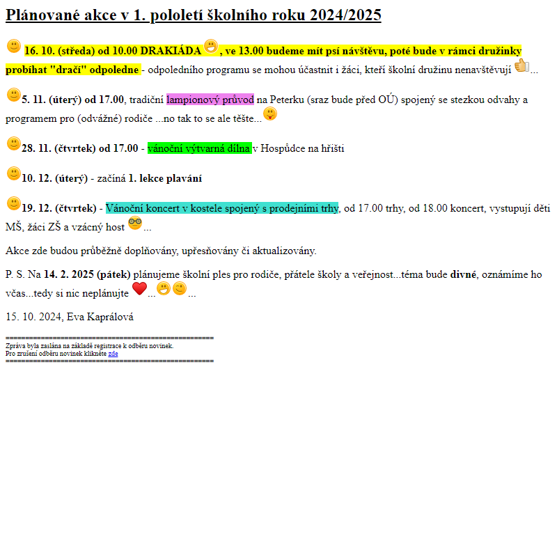 Přehled plánovaných akcí v 1. pololetí školního roku 2024-2025