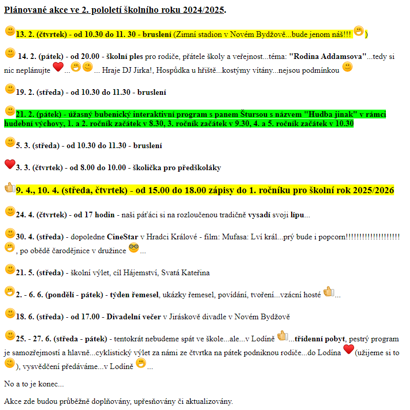 Přehled plánovaných akcí v 2. pololetí školního roku 2024-2025