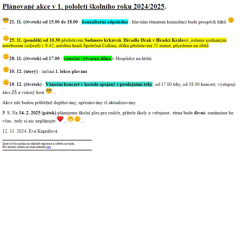 Přehled plánovaných akcí v 1. pololetí školního roku 2024-2025
