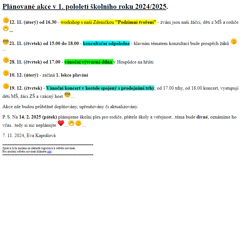 Přehled plánovaných akcí v 1. pololetí školního roku 2024-2025