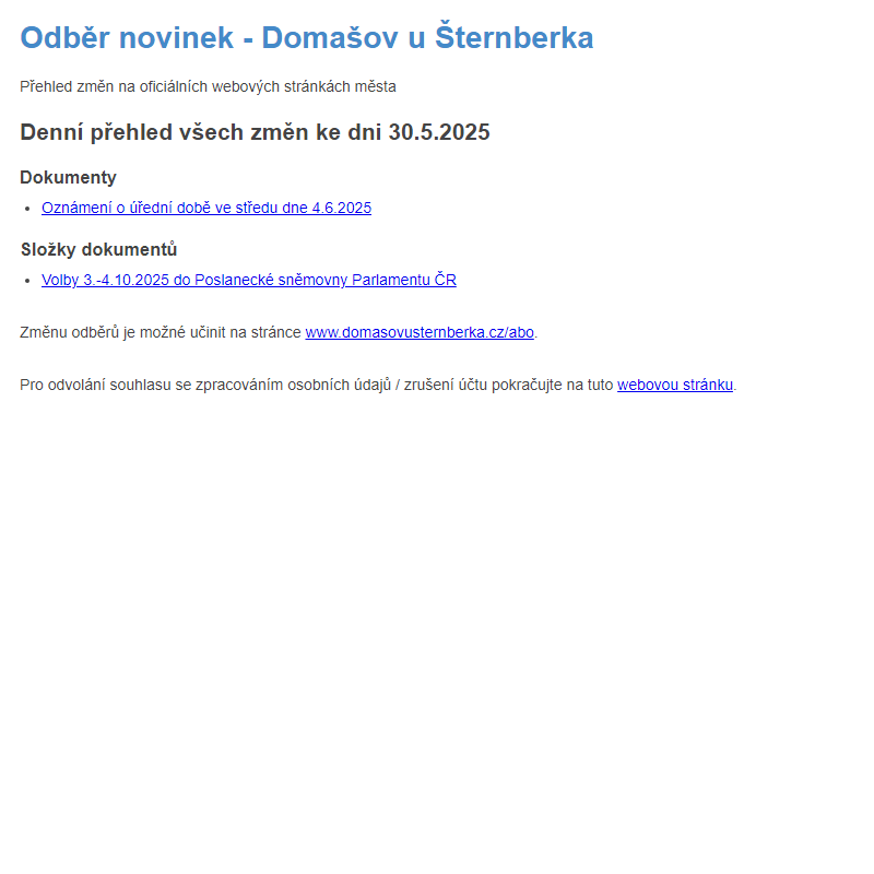 Odběr novinek ze dne 30.5.2025