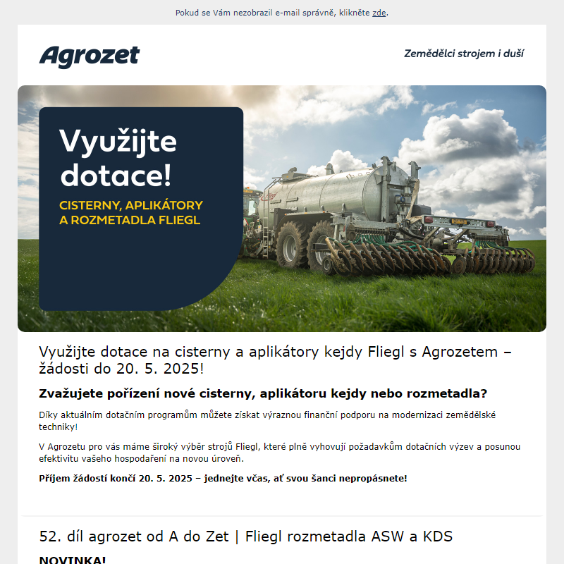 Využijte dotace na cisterny a aplikátory kejdy Fliegl s Agrozetem!