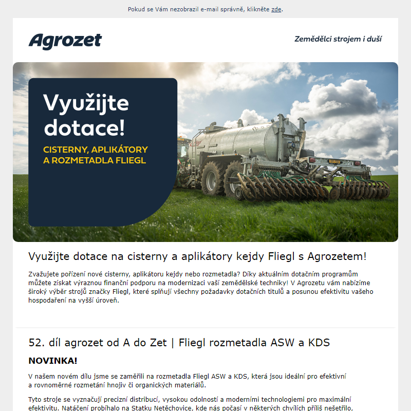 Využijte dotace na cisterny a aplikátory kejdy Fliegl s Agrozetem!