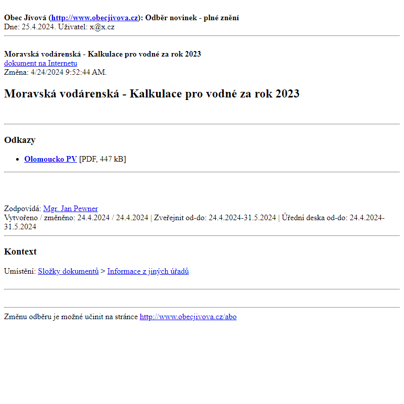 Odběr novinek ze dne (25.4.2024): Moravská vodárenská - Kalkulace pro vodné za rok 2023