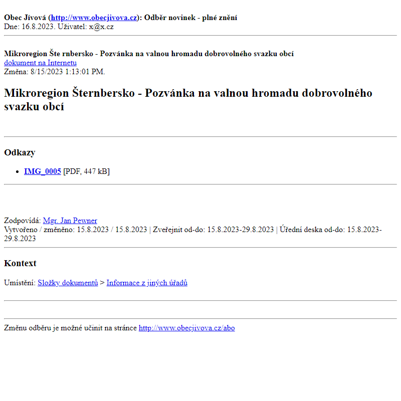 Odběr novinek ze dne (16.8.2023): Mikroregion Šternbersko - Pozvánka na valnou hromadu dobrovolného svazku obcí