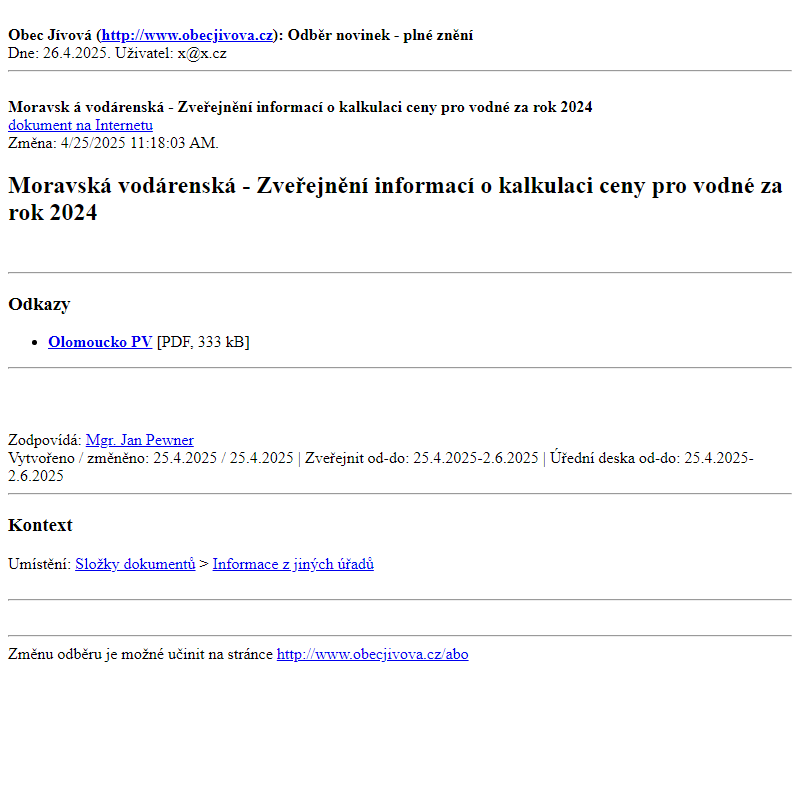 Odběr novinek ze dne (26.4.2025): Moravská vodárenská - Zveřejnění informací o kalkulaci ceny pro vodné za rok 2024