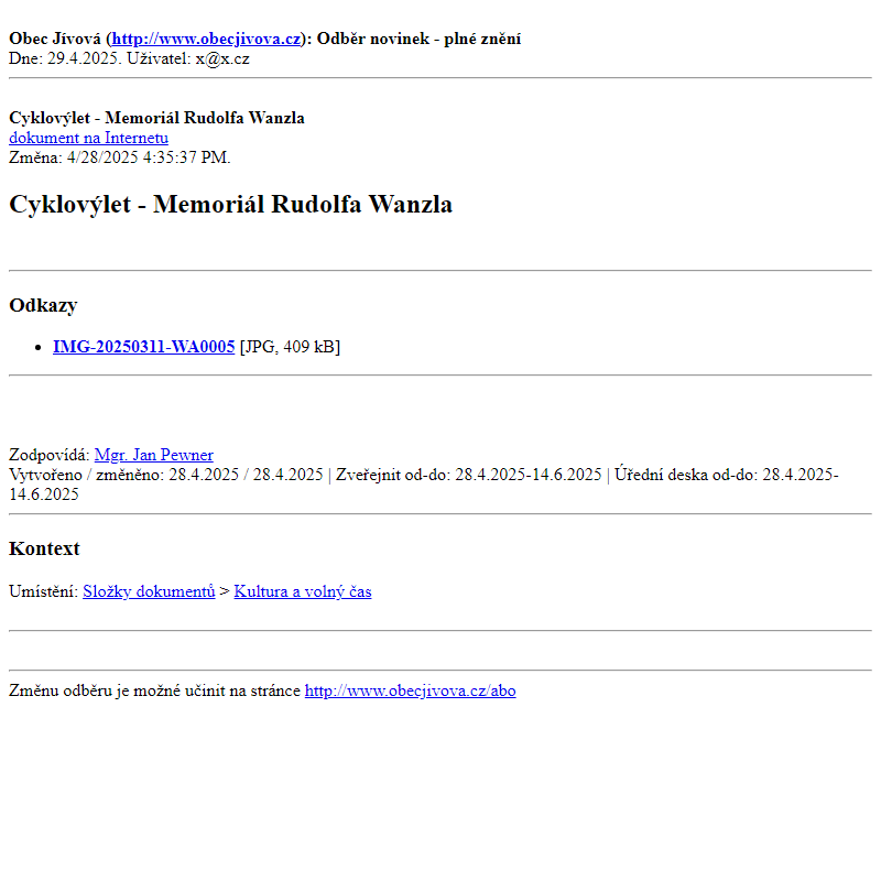 Odběr novinek ze dne (29.4.2025): Cyklovýlet - Memoriál Rudolfa Wanzla
