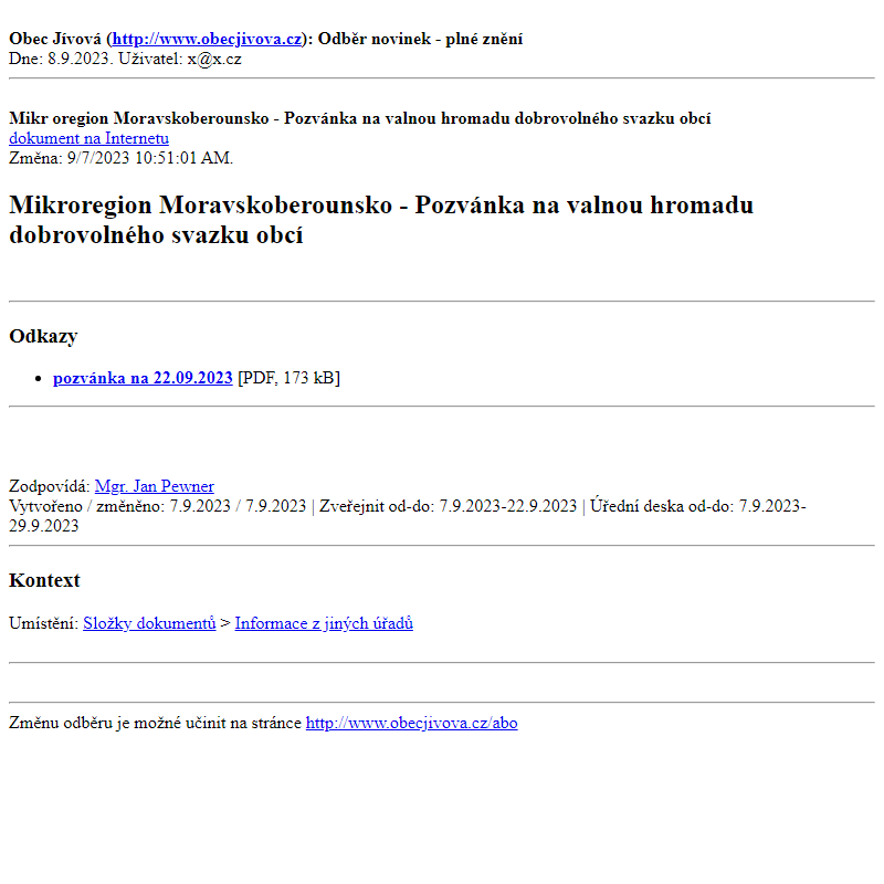 Odběr novinek ze dne (8.9.2023): Mikroregion Moravskoberounsko - Pozvánka na valnou hromadu dobrovolného svazku obcí