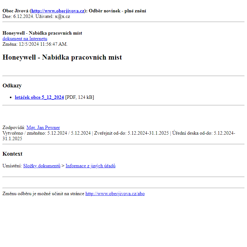 Odběr novinek ze dne (6.12.2024): Honeywell - Nabídka pracovních míst