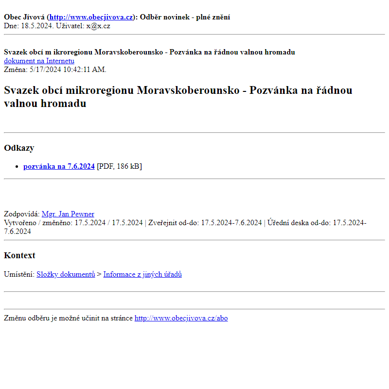 Odběr novinek ze dne (18.5.2024): Svazek obcí mikroregionu Moravskoberounsko - Pozvánka na řádnou valnou hromadu