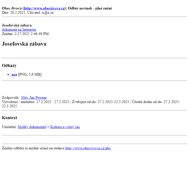Odběr novinek ze dne (28.2.2025): Josefovská zábava