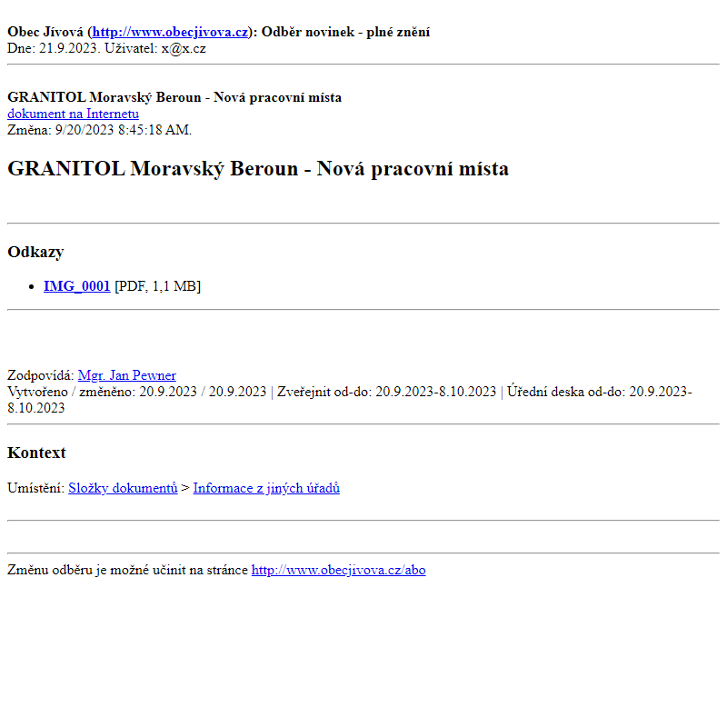 Odběr novinek ze dne (21.9.2023): GRANITOL Moravský Beroun - Nová pracovní místa