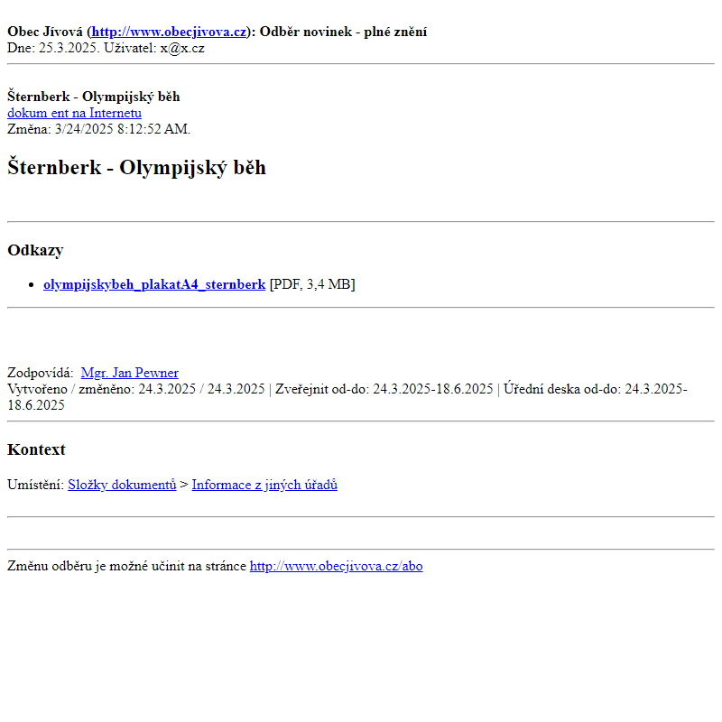 Odběr novinek ze dne (25.3.2025): Šternberk - Olympijský běh