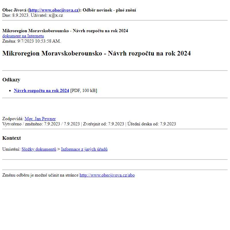 Odběr novinek ze dne (8.9.2023): Mikroregion Moravskoberounsko - Návrh rozpočtu na rok 2024