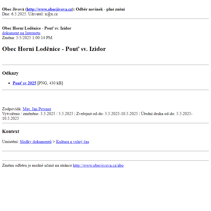 Odběr novinek ze dne (6.5.2025): Obec Horní Loděnice - Pouť sv. Izidor